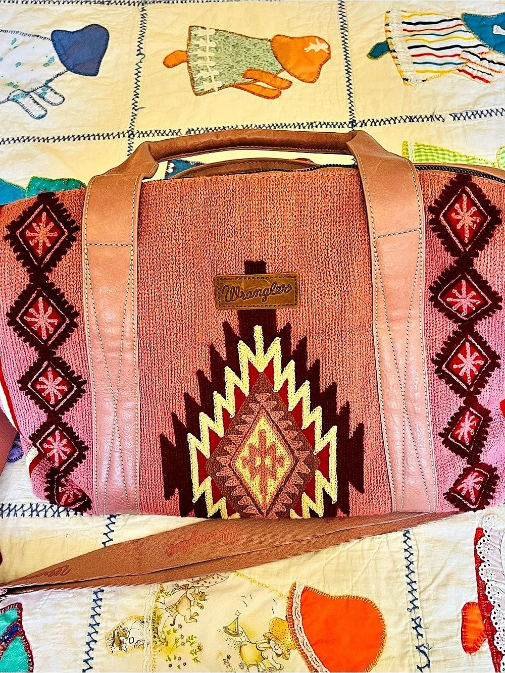 Wrangler Pink Embroidered Weekender Duffel Bag Tote Pink & Brown, vegan